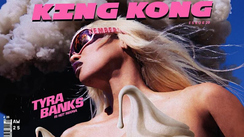 Tyra Banks wears a custom digital soft-serve bustier by Tribute Brand and pink sunglasses for King Kong magazine’s new cover. King Kong