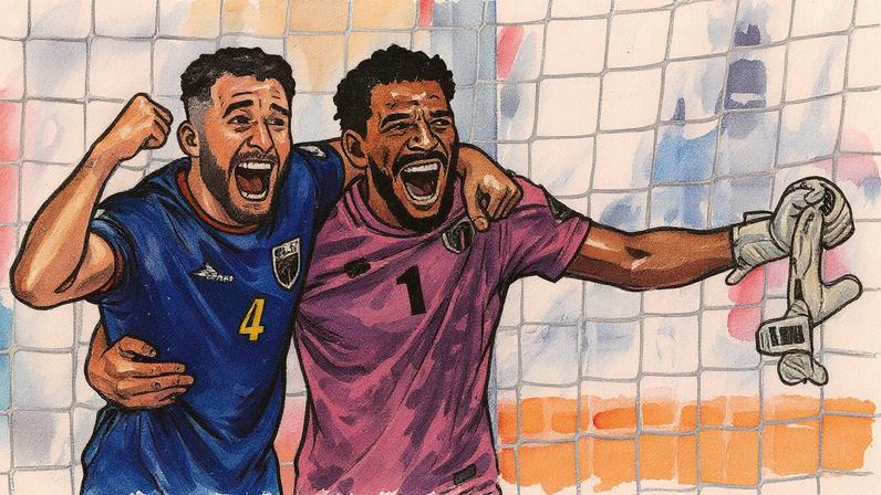 Vozinha comemora com o zagueiro Robero Lopes em jogo de Cabo Verde — Foto: Divulgação/Fifa