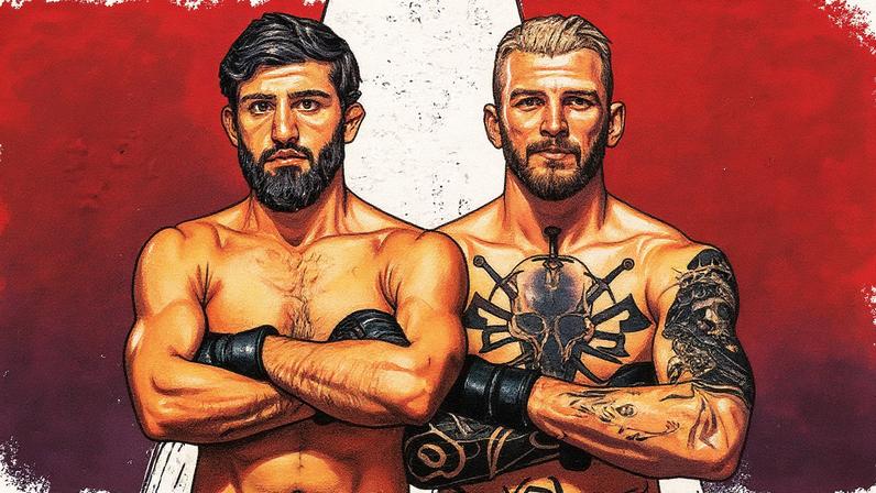 UFC lightweights Arman Tsarukyan and Dan Hooker standing side-by-side over a red and white background