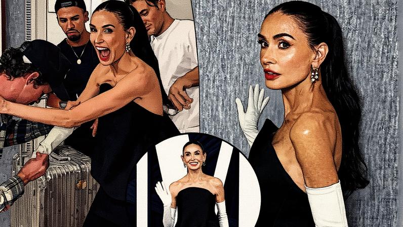Demi Moore shared a behind-the-scenes video of stylist Brad Goreski struggling to pull her extra-long opera gloves onto her arms ahead of the Glamour Women of the Year Awards. demimoore/Instagram