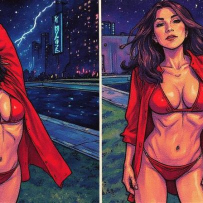 Elizabeth Hurley usa biquíni vermelho com corrente e capa