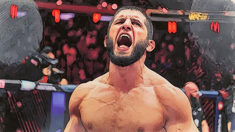 Islam Makhachev venceu Jack Della Maddalena no VeChain UFC 322 e conquistou o cinturão dos meio-médios. (Foto por Jeff Bottari/Zuffa LLC)