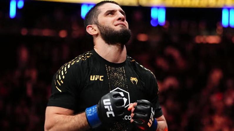 Islam Makhachev of Russia reacts to his win over Jack Della Maddalena of Australia in the UFC welterweight championship fight during the UFC 322 event at Madison Square Garden on November 15, 2025 in New York City. (Photo by Cooper Neill/Zuffa LLC)