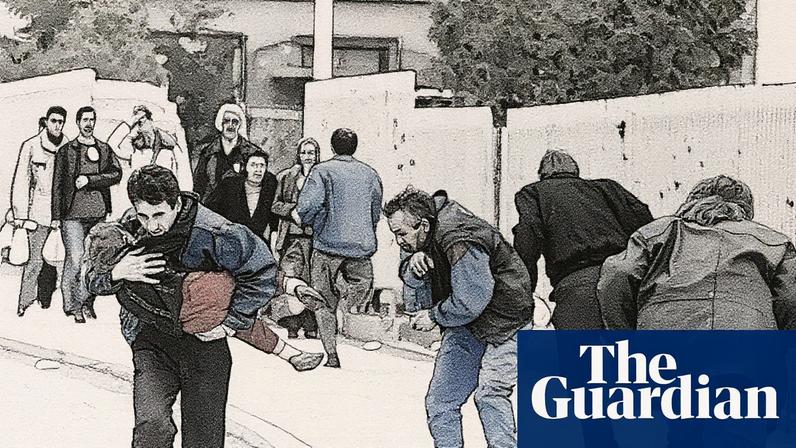 A Bosnian man cradles his child as they and others run past one of the worst spots for snipers in Sarajevo, 11 April 1993.