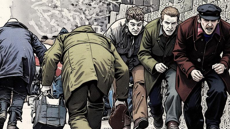 People duck as they pass an area of heavy Serb sniper fire in the besieged Bosnian capital of Sarajevo in 1993.