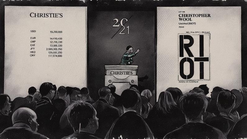 Auctioneer Yü-Ge Wang sells Christopher Wool's Untitled (Riot) (1990) at Christie's 21st century evening sale