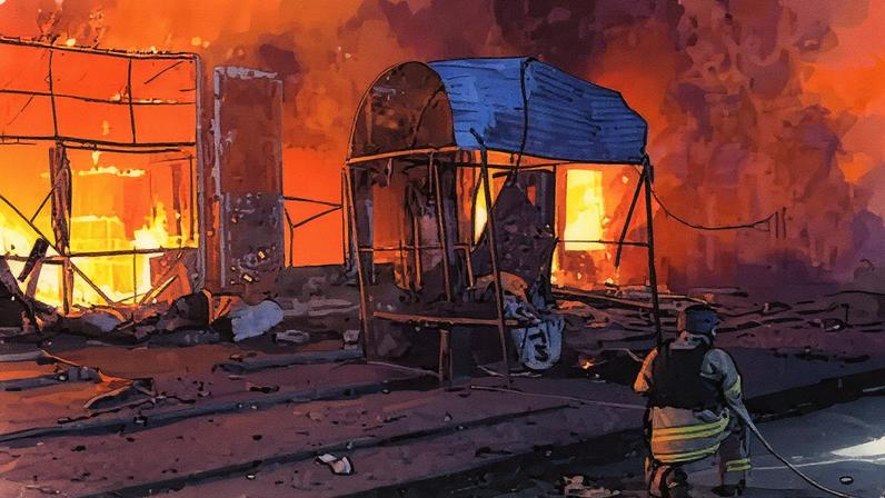 A Ukrainian rescuer works to extinguish a fire at the site of an attack in Zaporizhzhia, Ukraine, which officials said killed five and injured three.