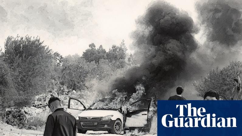 Vehicles belonging to Palestinian olive farmers were set on fire by Israelis in the village of Turmus Ayya near Ramallah in October. Photograph: Anadolu/Getty Images