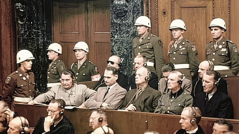 The defendants at the Nuremberg trials. In the front row are Hermann Goering, Rudolf Hess, Joachim Von Ribbentrop, Wilhelm Keitel and Ernst Kaltenbrunner.