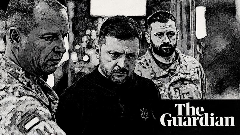 Volodymyr Zelenskyy, left, and Ukrainian armed forces commander General Oleksandr Syrskyi, right, listen to a briefing on the defensive operations in the Dobropillia sector near Pokrovsk, Donetsk, Ukraine.