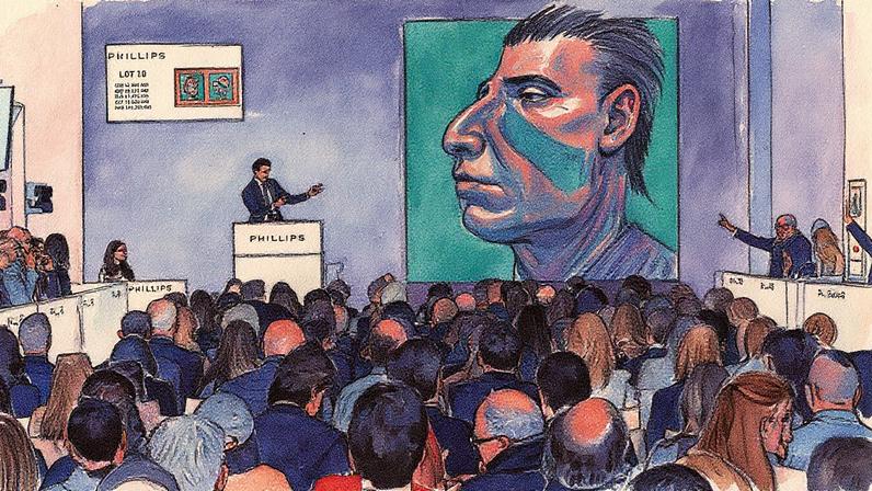 Phillips auctioneer and head of private sales Henry Highley sells Francis Bacon’s Study for Head of Isabel Rawsthorne and George Dyer (1967) for $13.5m ($16m with fees). Courtesy Phillips