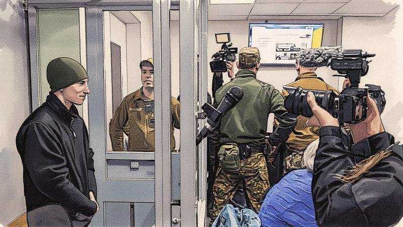 Russian soldier Dmitry Kurashov (left) at the court hearing in Zaporizhzhia city, Ukraine, where he was sentenced in life imprisonment for killing a Ukrainian prisoner of war.