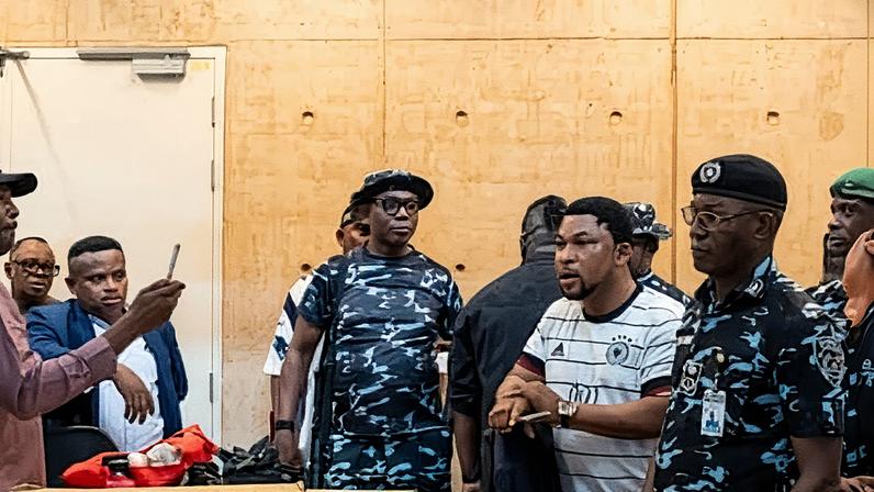 The leader of the protesters, centre right, addresses guests at the Museum of West African Art in Benin City on Sunday. Photograph: Toyin Adedokun/AFP/Getty Images
