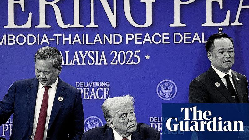 Donald Trump reacts after the signing of a Cambodia-Thailand peace deal between Thai prime minister Anutin Charnvirakul, right, and Cambodian prime minister Hun Manet, left.