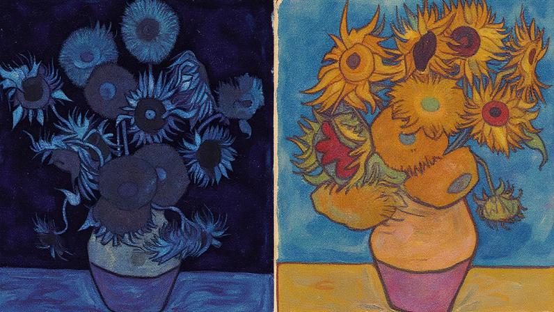 Van Gogh’s London Sunflowers (August 1888) and the Philadelphia Sunflowers (January 1889). the yellow-background London painting will be joining the turquoise-background one in Philadelphia in June 2026 National Gallery, London and Philadelphia Art Museum (known as the Philadelphia Museum of Art until October 2025)