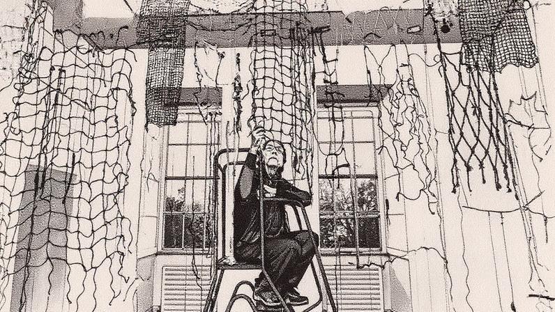 Cecilia Vicuna installing Reverse Migration Irish Museum of Modern Art