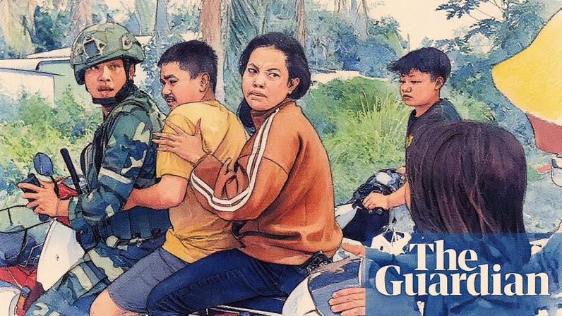 Cambodians on scooters during clashes in Banteay Meanchey province on the border with Thailand on Wednesday. Photograph: Agence Kampuchea Presse (AKP)/EPA