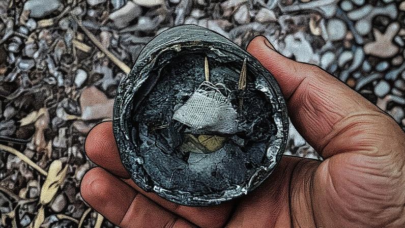 Remnants found of a cluster munition show a white nylon ribbon, used to stabilise and spin submunitions.