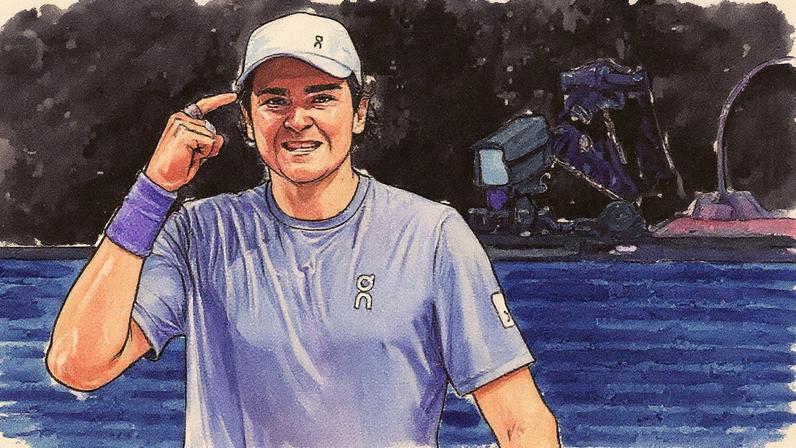 João Fonseca na vitória sobre o canadense Denis Shapavalov na Basiléia (Foto: Fabrice COFFRINI / AFP)