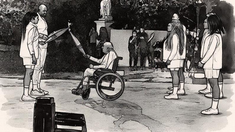 Charles Coste com a tocha olímpica nos jogos de Paris 2024 (Foto: MOHD RASFAN / AFP)