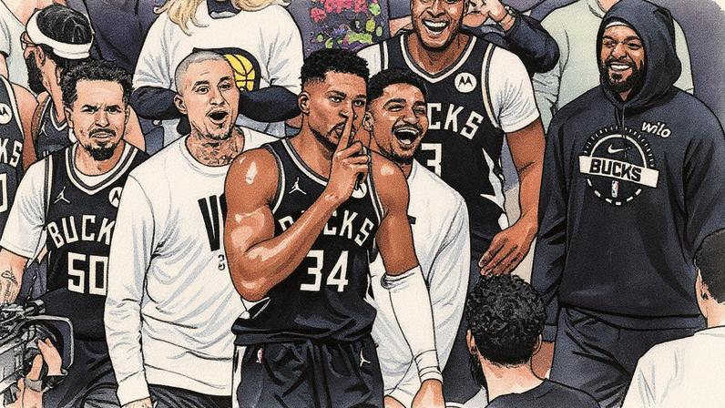 Giannis Antetokounmpo mandando a torcida dos Pacers ficarem em silêncio após ele virar o jogo com game winner (Foto: Dylan Buell / GETTY IMAGES NORTH AMERICA / Getty Images via AFP)