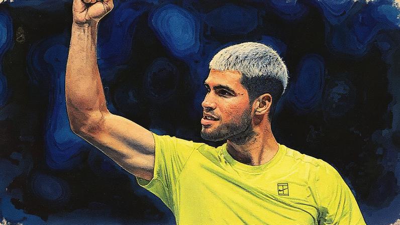 O espanhol Carlos Alcaraz comemora após vencer o canadense Felix Auger-Aliassime na semifinal do torneio de tênis ATP Finals em Turim (Foto: Marco Bertorello / AFP)