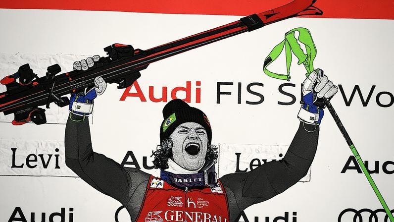 Lucas Pinheiro Pinheiro Braathen com Papai Noel após vencer etapa de Copa do Mundo de esqui alpino (Foto: Roni Rekomaa / Lehtikuva / AFP) / Finland OUT / FINLAND OUT / FINLAND OUT)