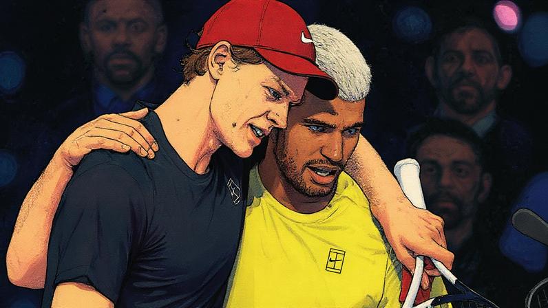 Italiano Jannik Sinner é abraçado pelo espanhol Carlos Alcaraz após a vitória na decisão do ATP Finals de Turim (Photo by Marco BERTORELLO / AFP)