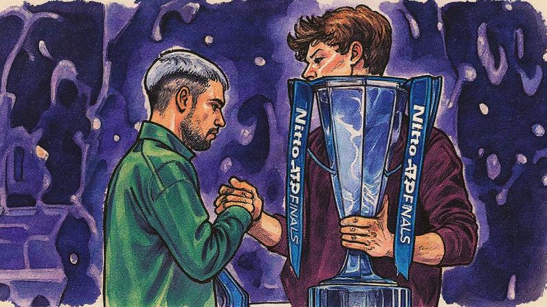 Carlos Alcaraz cumprimenta Jannik Sinner após a derrota na decisão do ATP Finals de Turim (Photo by Marco BERTORELLO / AFP)