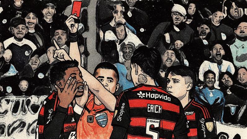 Árbitro expulsa Gonzalo Plata em Racing x Flamengo (Foto: Luis Robayo / AFP)