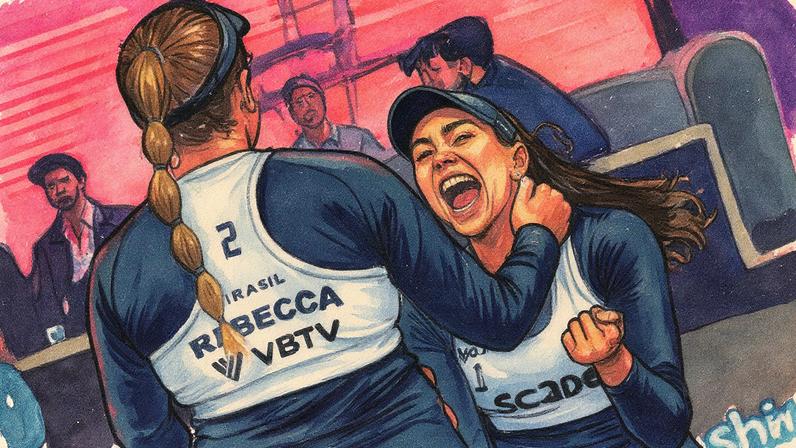 Carol e Rebecca nas quartas do Mundial de Vôlei de Praia 2025 (Foto: Volleyball World)