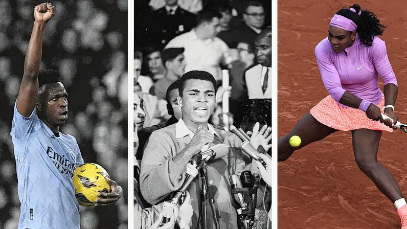 Vini Jr, Muhammad Ali e Serena Williams são símbolos da luta antirracista no esporte (Fotos: Jose Jordan/AFP | Reprodução | AFP)