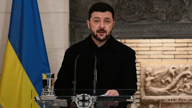 Ukrainian President Volodymyr Zelensky speaks during a joint press conference with the Greek prime minister following their meeting in Athens.