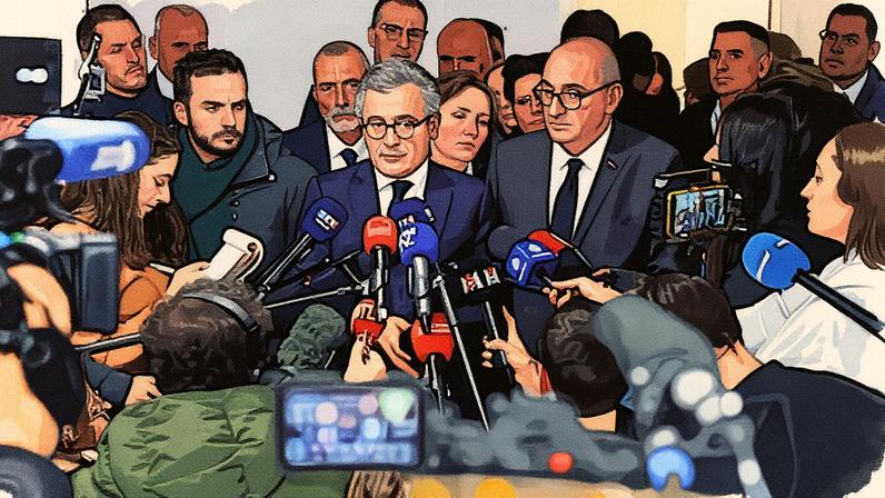 El ministro francés de Justicia, Gerald Darmanin, y el de Interior, Laurent Núñez, este jueves en Marsella.