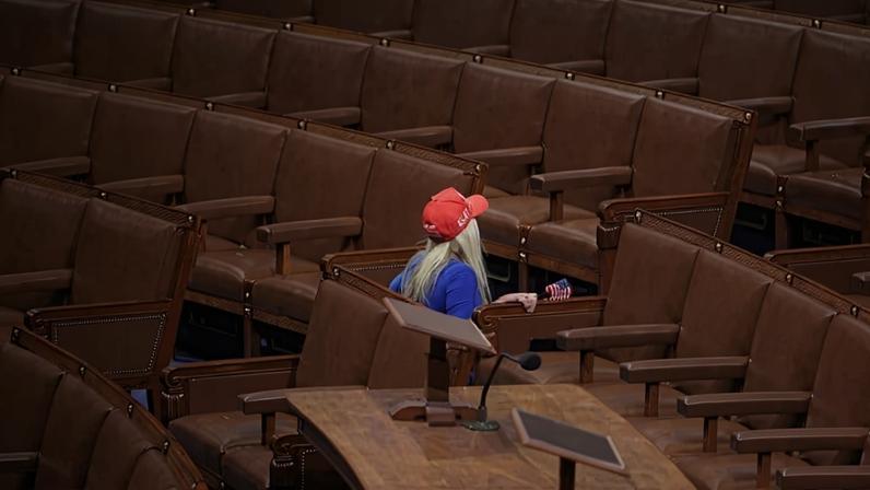 House Rep. Marjorie Taylor Greene leaves after U.S. President Donald Trump addresses a joint session of Congress at the U.S. Capitol in Washington, D.C.