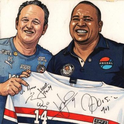 Aloísio Chulapa visita o CT do Bahia e recebe presente de Ceni