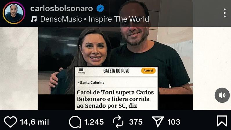Carlos Bolsonaro celebra pesquisa em que aparece atrás de Carol de Toni (Foto: Reprodução / Instagram @ Carlosbolsonaro@ )