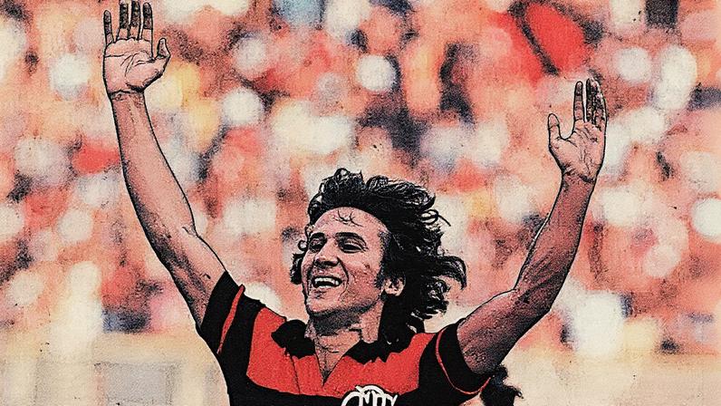Zico comemora o primeiro gol do Flamengo no 5 a 0 sobre o Fluminense em 1989, no Municipal de Juiz de Fora. (Reprodução)