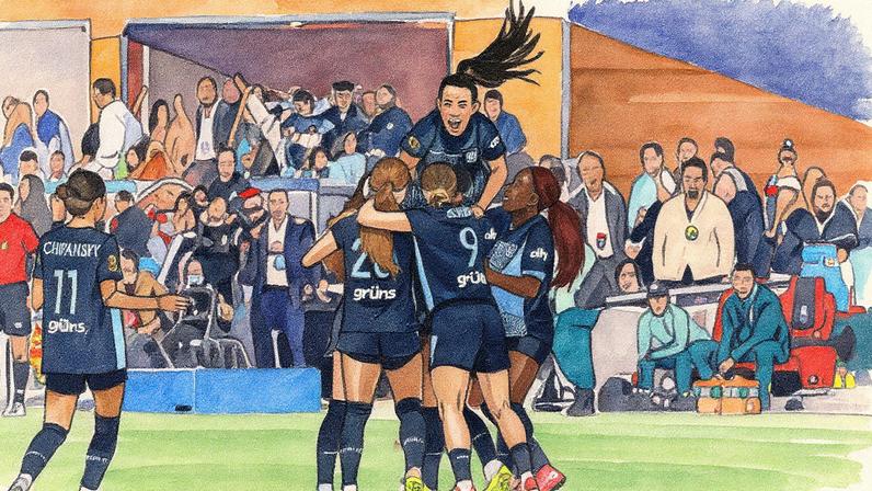 Bruninha salta para comemorar com as colegas o gol do título do Gotham FC na NWSL — Foto: Lachlan Cunningham / AFP