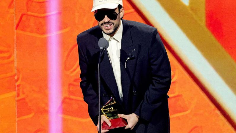 Bad Bunny accepts a Latin Grammy during the Latin Grammy Awards ceremony at the MGM Grand Garden Arena on Nov. 13, 2025 in Las Vegas