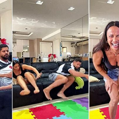Viviane Araujo assusta marido e ele cai no chão em vídeo