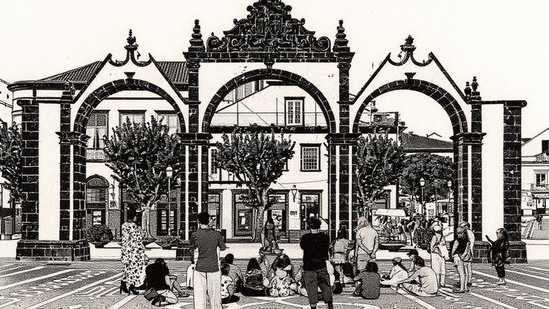 Uhura Bqueer and Soya the Cow’s excursion Try walking in my hooves x Ananábó (2025) stops at Ponta Delgada’s Portas da Cidade Photo: Mariana Lopes, courtesy Walk&Talk