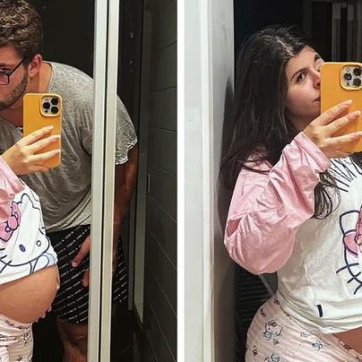 Grávida Carolina Chamberlain recebe carinho do namorado