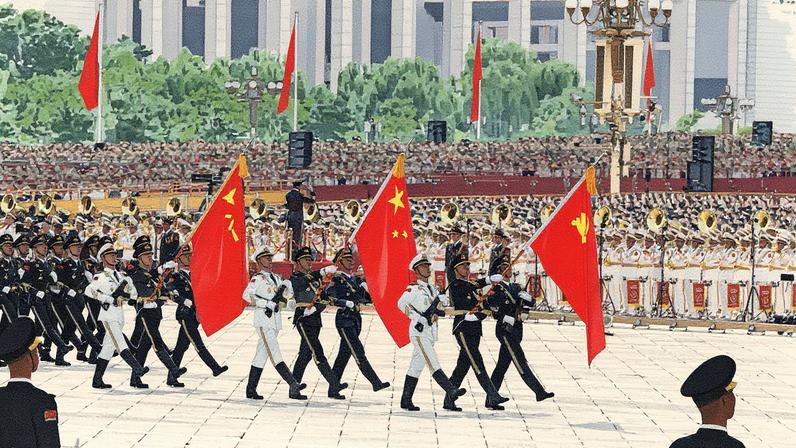 Tropas desfilam com bandeira do Partido Comunista e da China. (Foto: ANDRES MARTINEZ CASARES/EFE)