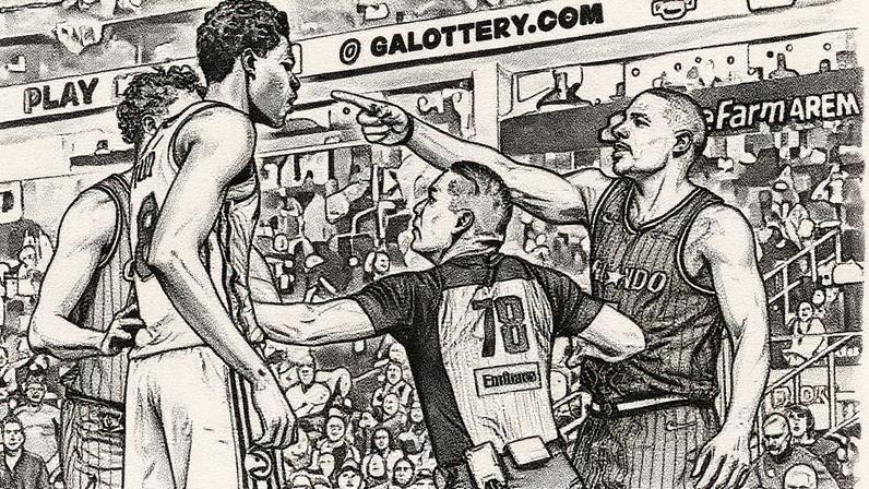 Desmond Bane apontando para Mouhamed Gueye antes de expulsão em Magic x Hawks na NBA (Foto: Kevin C.ox/Getty Images/AFP)