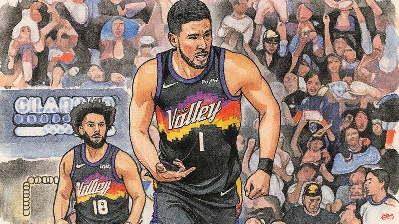 Devin Booker em jogo entre Phoenix Suns e Indiana Pacers na NBA (Foto: Chris Coduto/Getty Images/AFP)