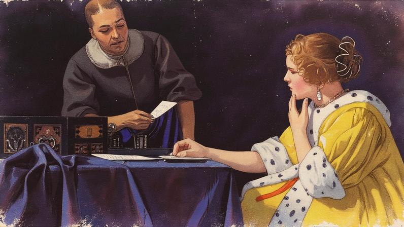 Left: Van Dongen tracked down what may be the sole surviving example of the jewellery casket in the Tavora Sequiera Pinto collection in Porto. Right: a similar jewellery box appears on the table in Vermeer’s Mistress and Maid (1664-67)