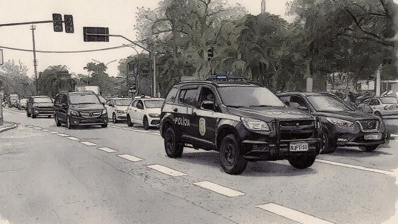 Carro da polícia civil escolta veículo sem placas em combaio em direção ao autódromo de Interlagos. (Foto: Luis Kawaguti/Gazeta do Povo)