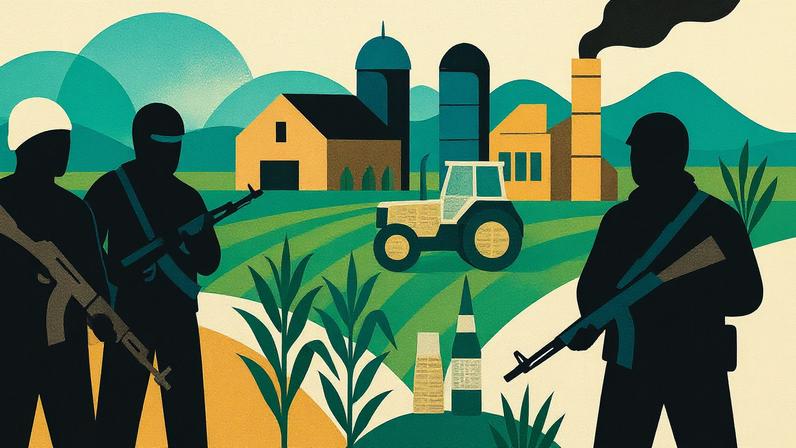 Investigações recentes mostraram participação do PCC no setor sucroalcooleiro e no mercado ilegal de agrotóxicos. Facções são atraídas pela movimentação econômica do agronegócio. (Foto: Imagem criada utilizando Dall-E/Gazeta do Povo)