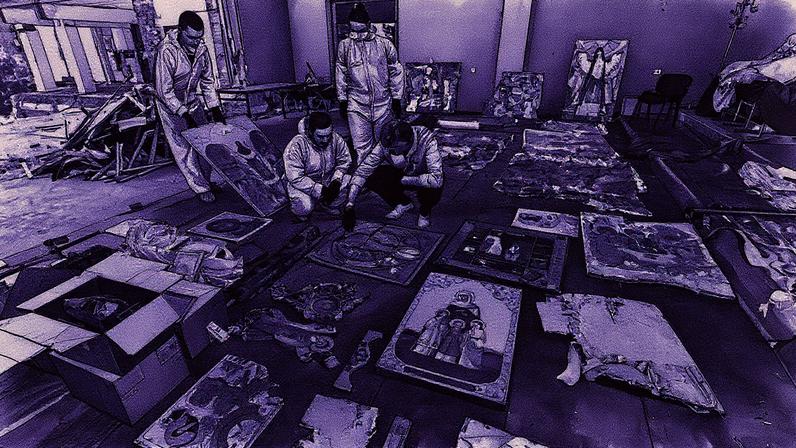 Workers sort through art and artefacts recovered from the bombed Boychuk Academy; Photo: Bohdan Poshyvailo, archive of the Maidan Museum/ACURE